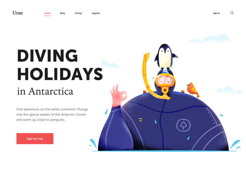Diving Holidays antarctica boy character diver diving header holiday illustration man penguin people sea ui vacation water web website