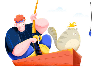 Fishing bird boat boy cat character fish fishing fishman illustration kitten kitty man ocean people river row sea water