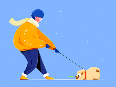 Walking The Dog animal boy character clean color concept cute dog illustration man people sapling snow ui uran walk walking web website winter