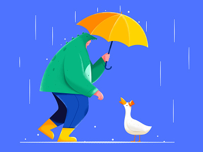 Mr. Duck In The Rain bird blue character dinosaur drop duck goose hat help illustration man outdoor people rain rainy ui umbrella water web website