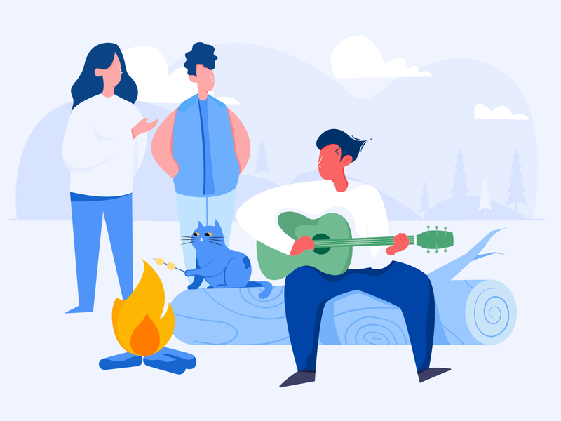 Empty State / Campaigns Journeys boy camp campaign campfire cat character empty fire girl guitar illustration journey kitten kitty man outdoor people state woman wood