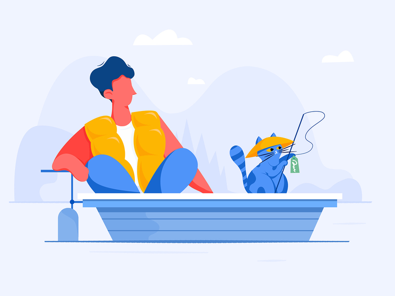 Empty State / Customer Tags boat boy cat character fish fishing illustration kitten kitty man mountain outdoor people pond river ship tag ui web website