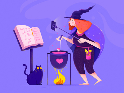 The Witch's Live Broadcast book cat character cook fire girl illustration kitten kitty love magic paper people phone soup ui web website witch woman