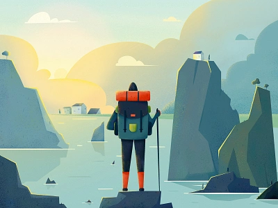 Explorer adventure backpacker boy character explore holiday illustration journey landscape man people pond scenery sea tour travel ui vacation web website