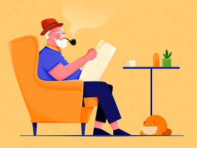 Read Newspaper cat character home illustration kitten kitty man news newspaper office old people read relax smoke smoking sofa ui web website