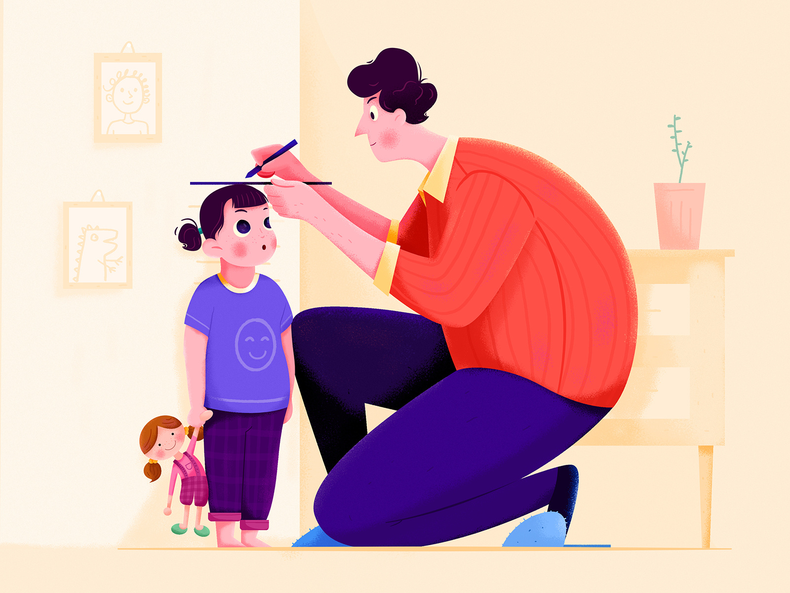 Grow Up baby character child children dad daughter family father girl grow home illustration kid man measuring people room ui web website