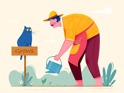 Grows boy cat character farm farmer garden grow illustration kitten kitty man outdoor people plant sign ui water watering web website