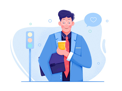 Office Worker boy briefcase business character coffee drink freelance guy illustration information light man office people person role street suit work worker