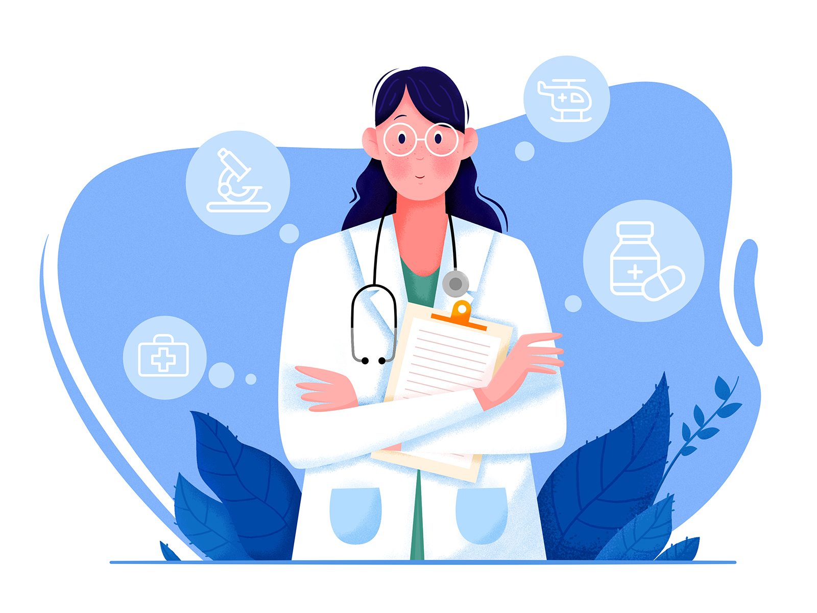 Doctor beauty blue business character design doctor drug girl help hospital illustration job medical nurse peace people plant profession treatment woman