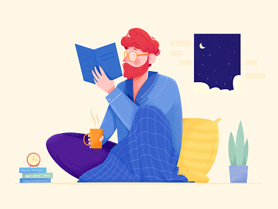 Reading affinity design boy character evening home house illustration indoor man moon night nightlife people plant read reading relax rest restaraunt room