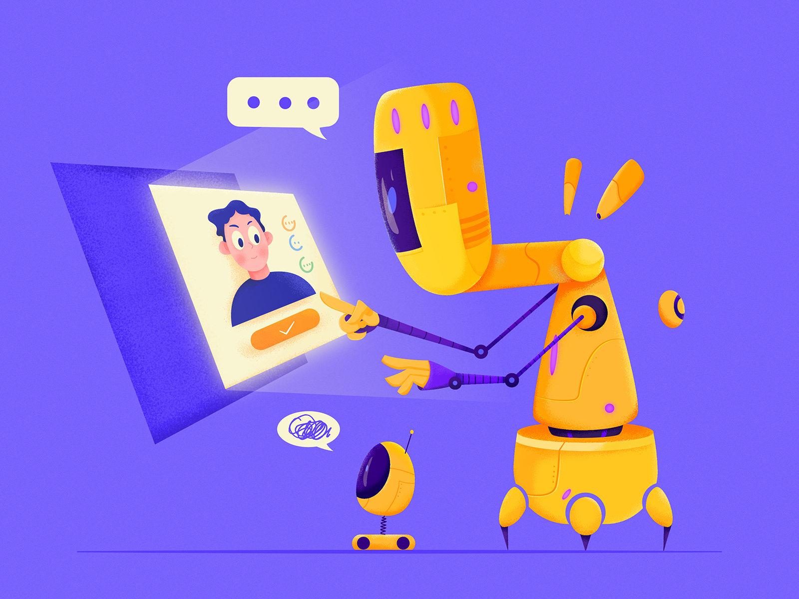 Robot affinity designer boy character color cute dialog illustration machine man master mechanic orange people purple robot role screen talk touch uran