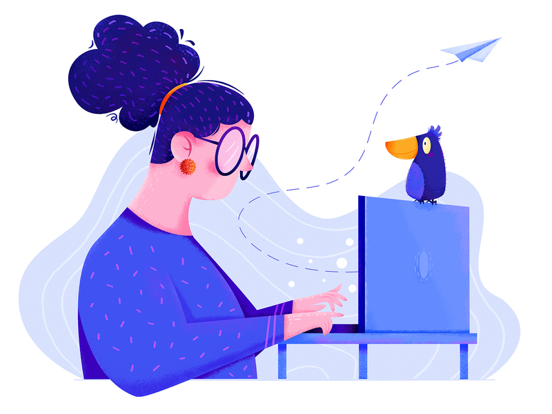 Office affinity designer animal bird blue business character designer fly girl hair hairstyle illustration laptop office people person plane uran woman work