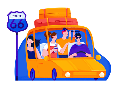 Road Trip affinity designer car character friend group happy illustration journey man mate people road team telescope traffic travel trip uran van woman