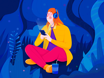 Resting Girl affinity designer blue character enjoy forest girl headset illustration landscape listen music nature outdoor peace people plant rest song uran woman