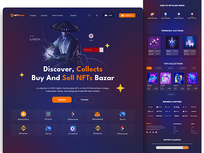NFTs website design || NFTs Bazar cryptoart graphic design landing page nft marketplace nftart ui user interface design ux research and ux design web webdesign website mobile design