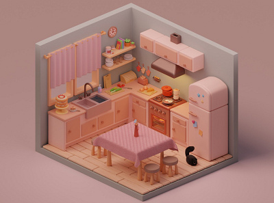 Cute kitchen 3d illustration