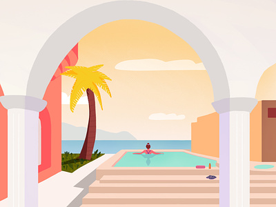 Tranquility architecture design home house illustration lady landscape mediterranean palm palm leaves pool summer sun swimming tranquility