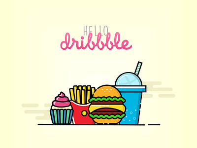 Hello Dribble burger cupcake debut dribble first shot food fries hello illustration vector