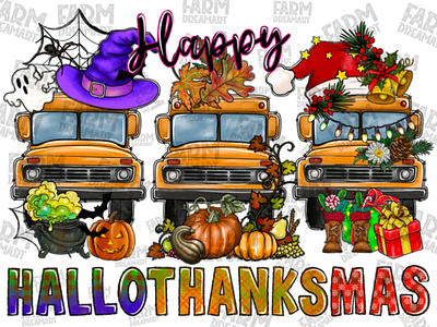 Happy Hallothanksmas School Bus PNG app branding design graphic design illustration logo typography ui ux vector