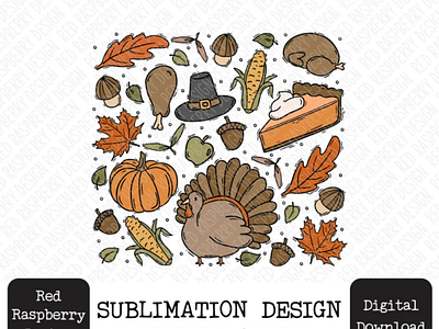 Thanksgiving Doodles Pumpkin Leaves PNG Sublimation