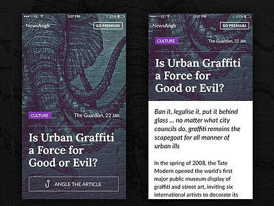 Article Mobile Layout app article background button content dark elephant graffiti mobile news tag typography