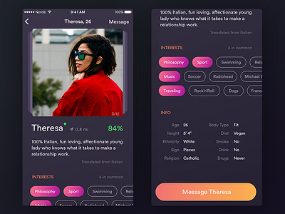 Dating App app avatar dark dating details info ios mobile photo profile purple