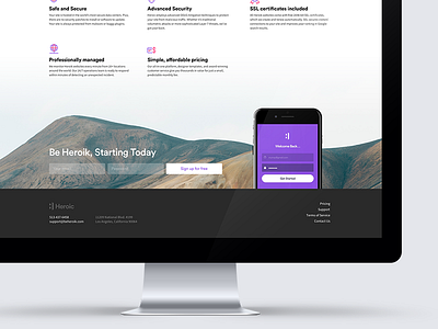 Heroik Footer buider call to action clean desktop footer form heroik landing page minimal purple web design website