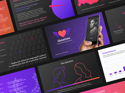 Dating App Pitch Deck chart content design dark data dating funding gradient graph investor slides luxury pitch deck presentation