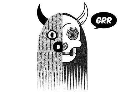 Grrr black white doodle fur horn monster skull