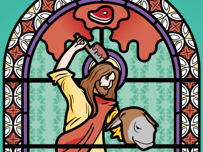 Bloody Xmas blood butchers knife donkey jesus meat pattern poster roller derby stained glass window steak