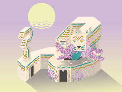 Snakat Temple building cat deity illustration snake temple tree vector