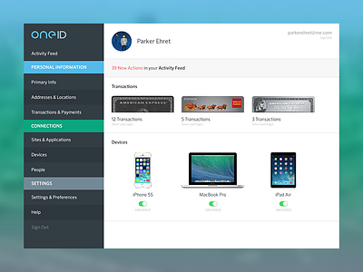 oneID User Dashboard account activity admin console dashboard device oneid transaction ui ux