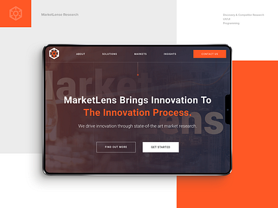 MarketLense homepage design dark theme hero image orange uxui