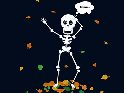 Thinking skeleton, funny cartoon, cute sticker.