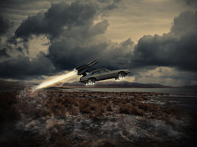 Drive car flying futuristic jets photo manipulation photo retouching photomanipulation retouching rockets