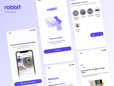 Robbit On Boarding app design illustration minimal onboarding onboarding illustration personalization product cards products ui ux ux ui web
