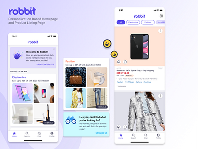Robbit Personalization-Based Homepage and Product Listing design illustration personalization product cards product page products typography ui ux ux ui