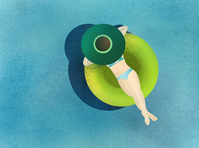 Girl swimming in a hat on an inflatable circle. blue cartoon flat flat illustration flat illustrator from above girl graphic green green hat hat holiday illustration ocean painting procreate sea swiming swiming pool vacation