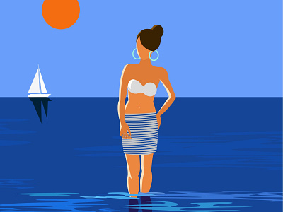Girl at the sea. Summer. Vacation. art blue flat girl horizontal illustration painting pop sea shadow ship sky stylization summer sun sunny travel vacation vector