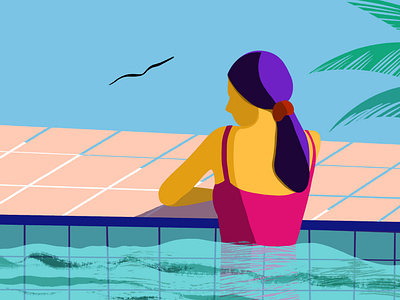 Girl at the swimming pool bird blue character flat girl illustration illustration art illustrations illustrator palm tree sky swimmingpool vacation vector water web