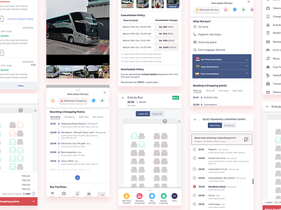 redBus App Details Page app book bottom nav bus icons interaction layout progress radio radio buttons ratings redbus redesign reviews schedule seats swipe tabs travel travel app