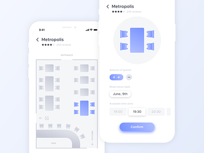 Table Reservation App Concept app book booking chair design flat gradient intuitive ios layout minimal restaurant tables ui ux