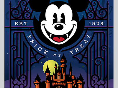 Disney Mickey Mouse Halloween Poster custom dark design disney fun ghost halloween hatbox illustration night scary stars