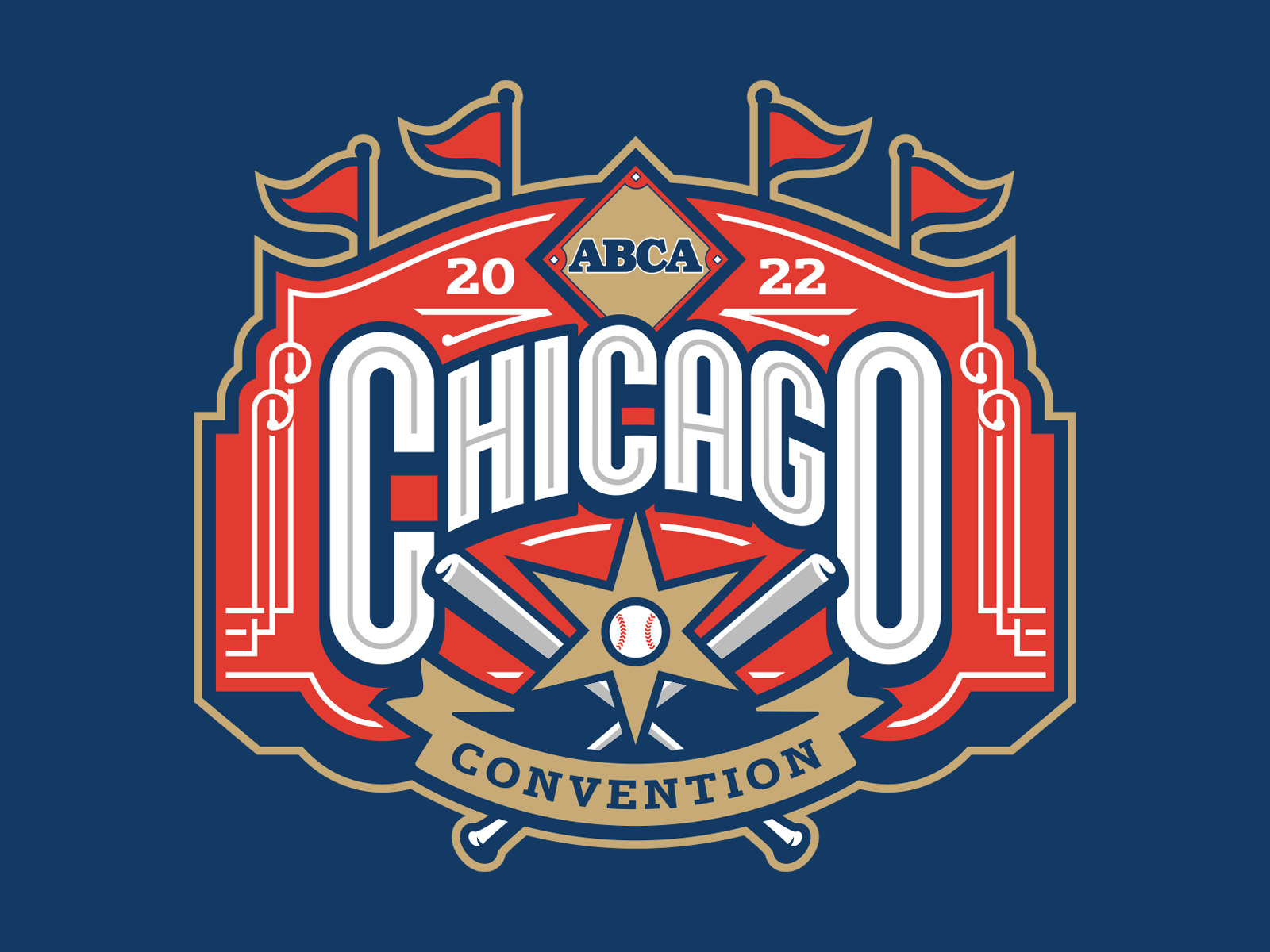 American Baseball Coaches Association Chicago Convention 2022 american athletic ball baseball bat chicago chicago cubs custom design flag illustration lettering ribbon sign sports typography
