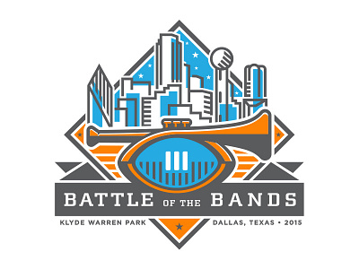 Battle of the Bands athletic city custom design football illustration music night skyline stars torch trumpet