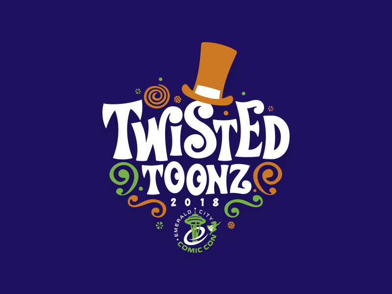 Twisted Toonz comics con convention custom design emerald font design illustration top hat typography willy wonka