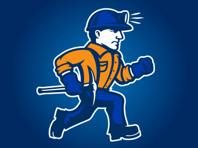 University if Wisconsin Platteville - Pioneer Pete blue mascot miner orange pete pick axe pioneer running spotlight wisconsin