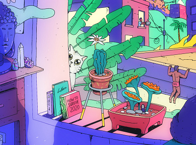 The New Normal . | Detail | 2020 art book bright buddha cactus cat illustration kawaii surreal window