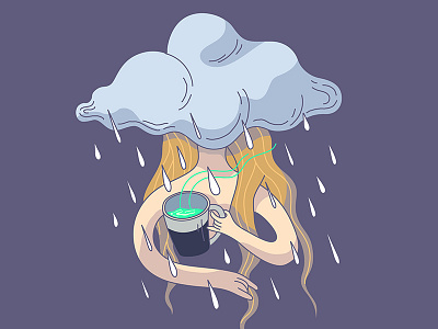 Under the Weather cloud flat flu girl illustration line lines rain tea vector vectors water