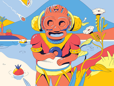 Taino Foodie 4: The percussionist 2d art bright detail food fun illustration illustrator music orange percussion taino trumpet vector vectors